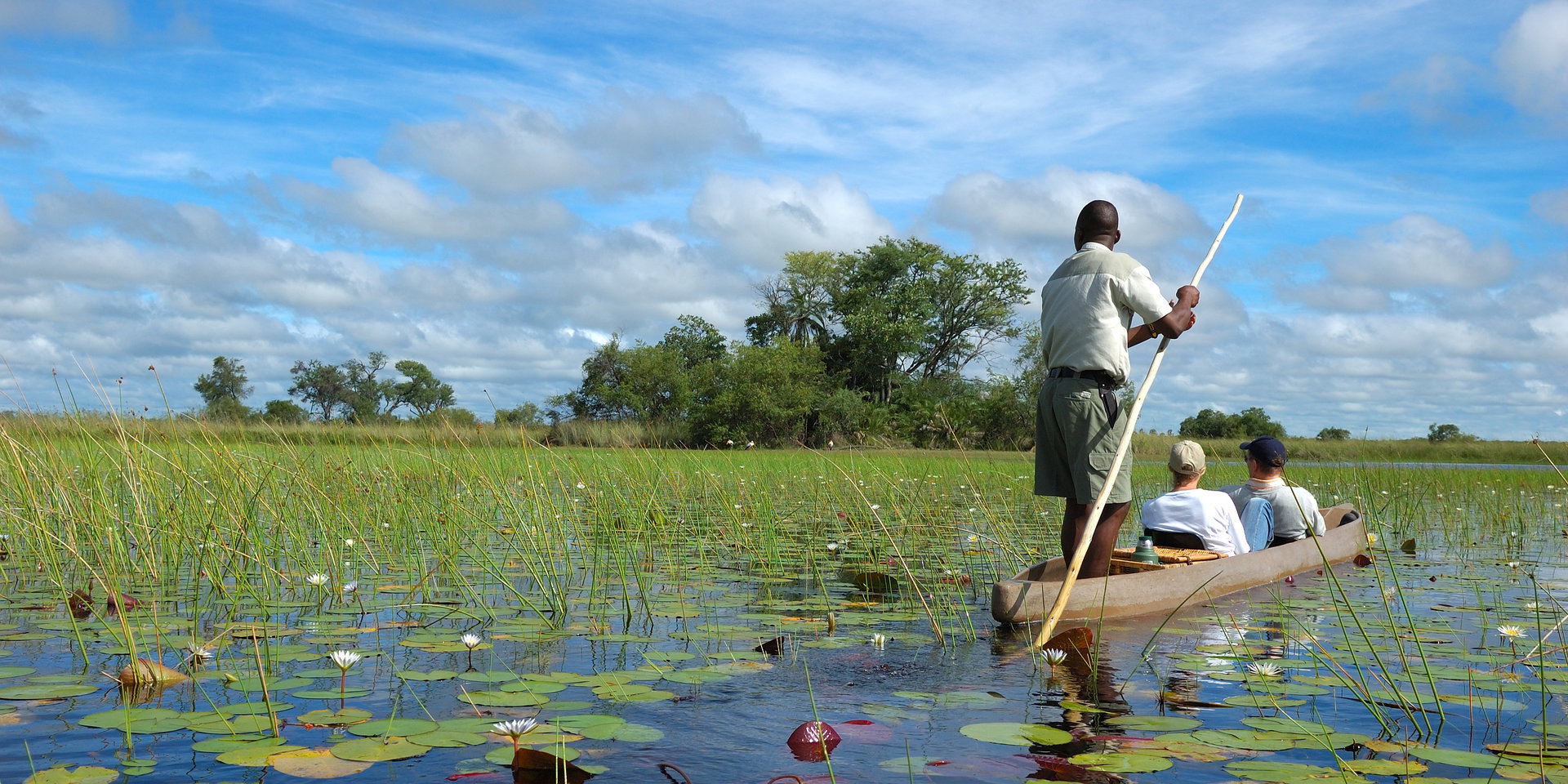 A poler guides a mokoro with two passengers through water lilies and reeds.