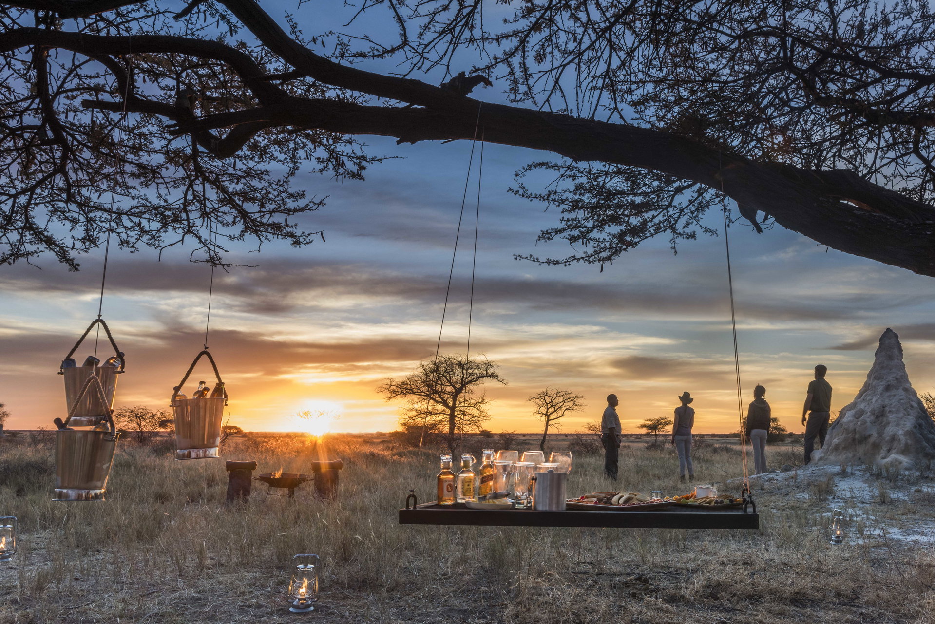 Swing seats and drinks set out for sundowners on the Onguma reserve