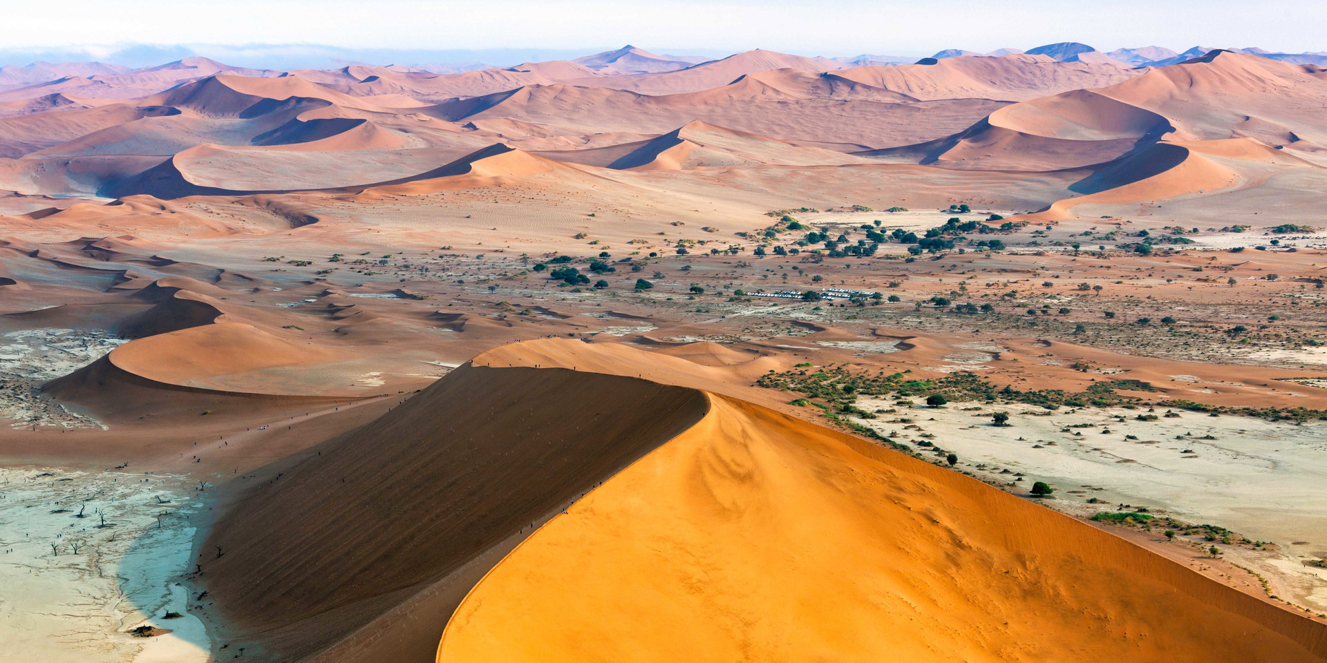 Aerial view of tall red dunes and the pans around Sossusvlei